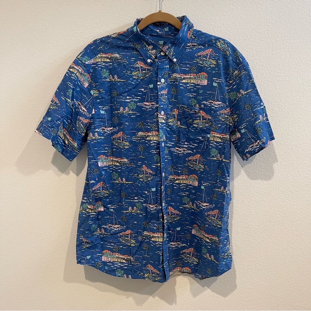 VINEYARD VINES // Blue Short Sleeve Cotton Button Down Hawaiian Shirt Large